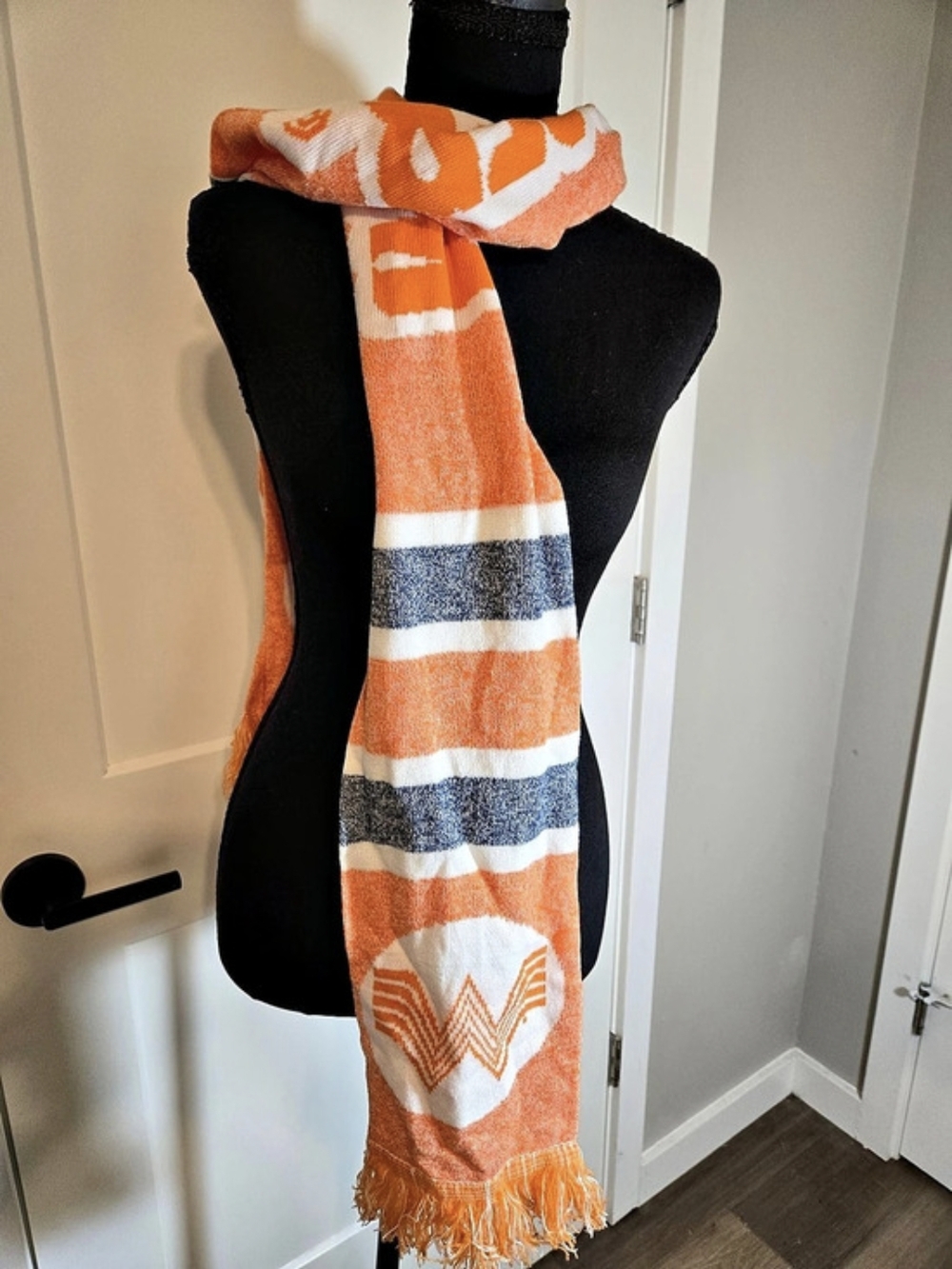 Whataburger orange and white striped knit fringe scarf